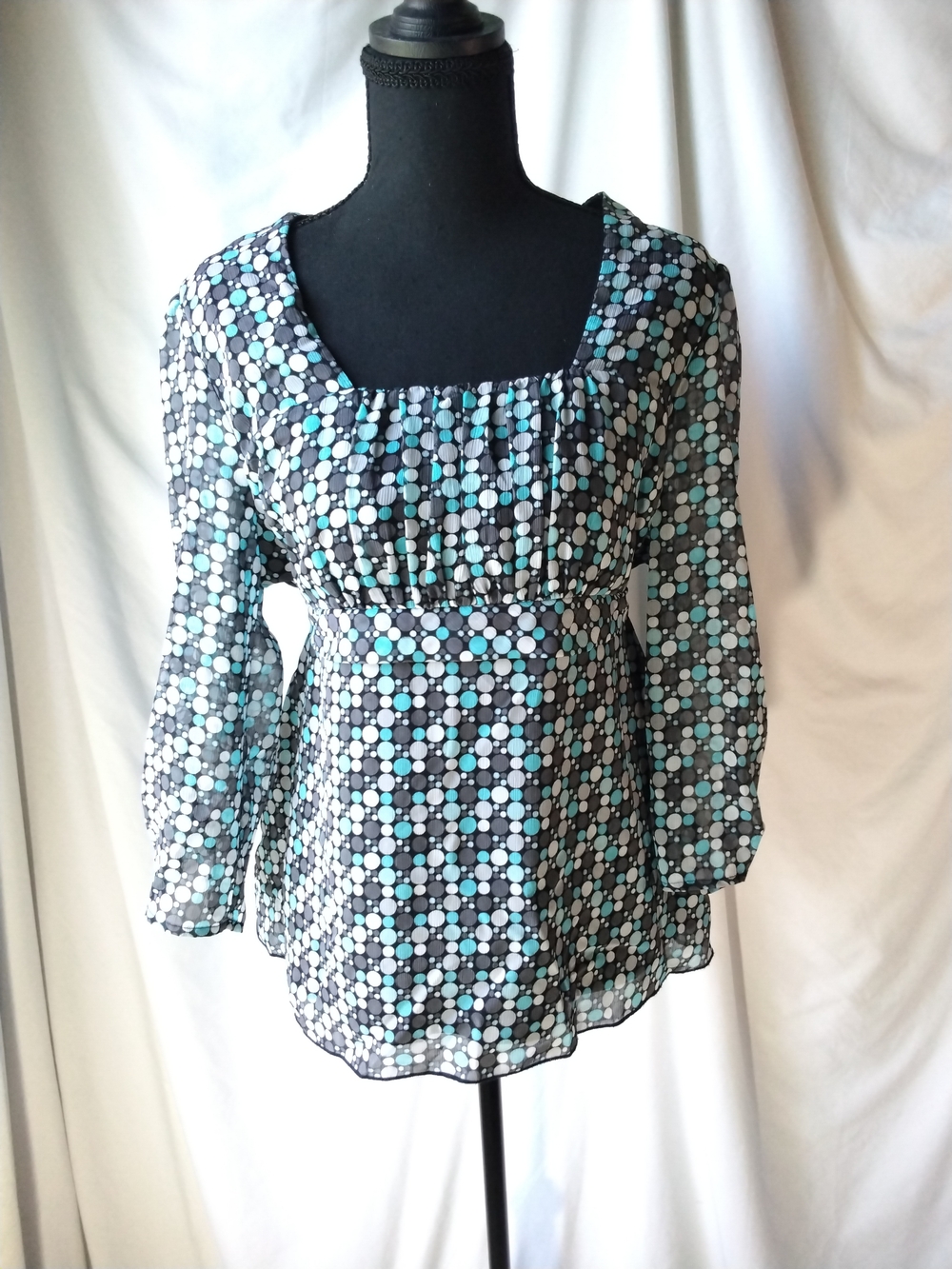 Sara Michelle Black and Aqua Polka Dot Square-Neck Long Sleeve Blouse